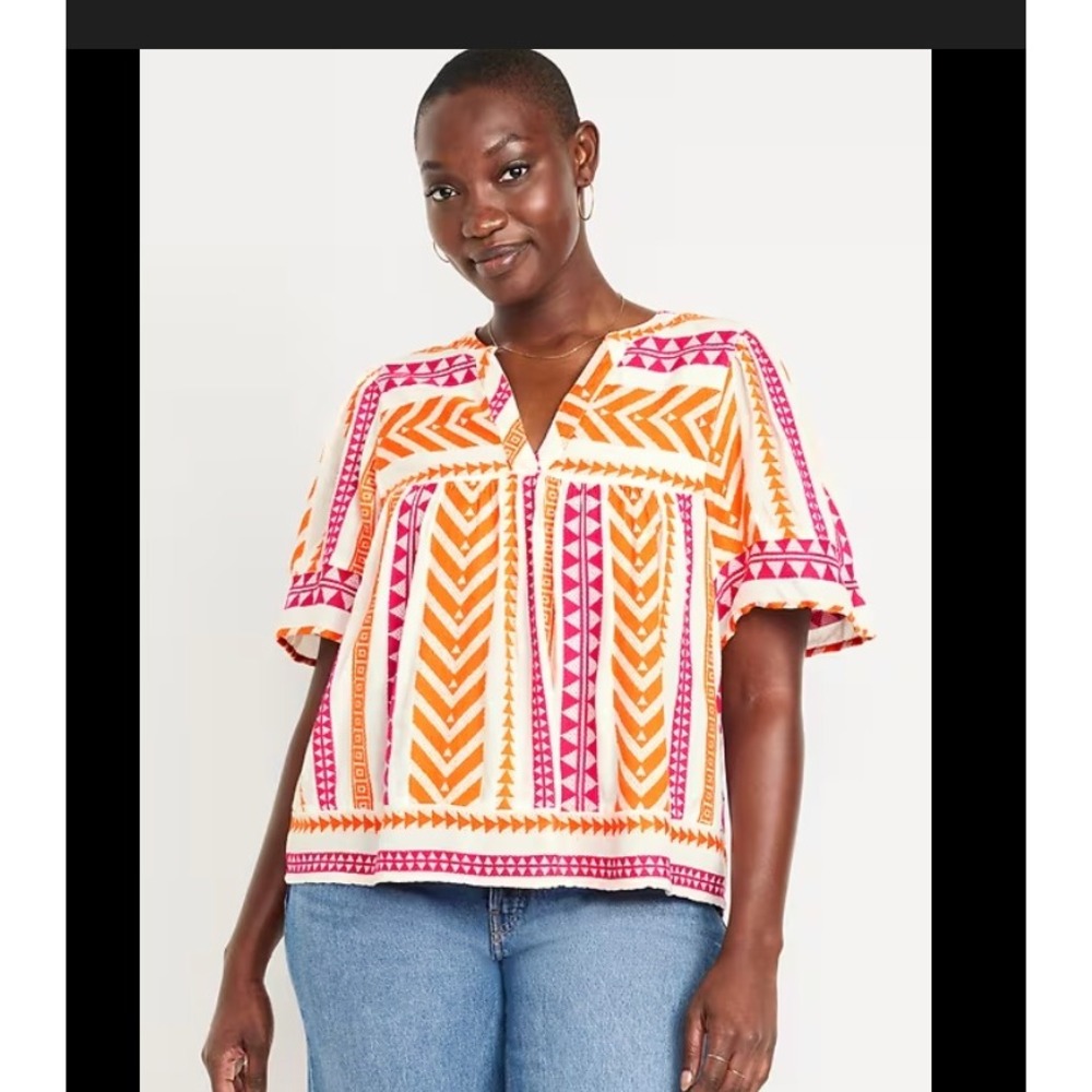 Old Navy‎ Womens  Small Pink Geometric Jacquard Babydoll V-Neck Blouse Boho
